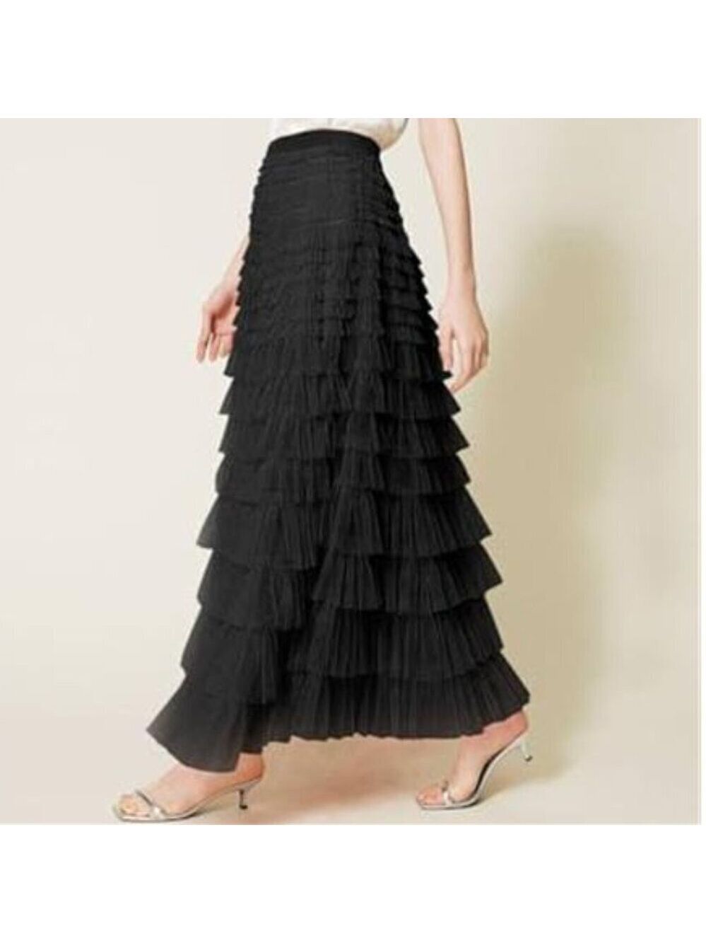 Long Tulle Skirt Black Trendy High Waisted A Line Fluffy Fairy Mesh Layered
